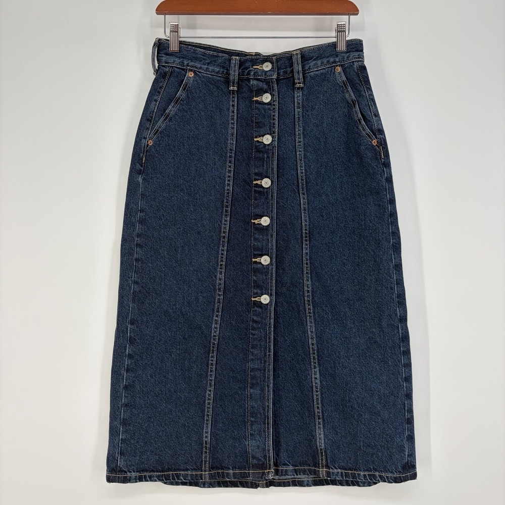 Old Navy Women Denim Skirt Button Down Blue Jean Midi High Hi Rise Timeless Boho